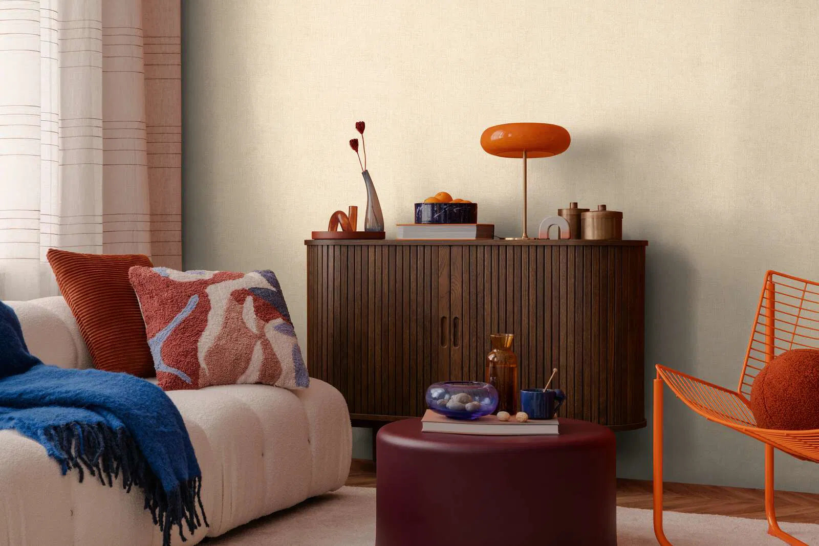 Bēšas tapetes ar krustotām līnijām un lina efektu, 3010206