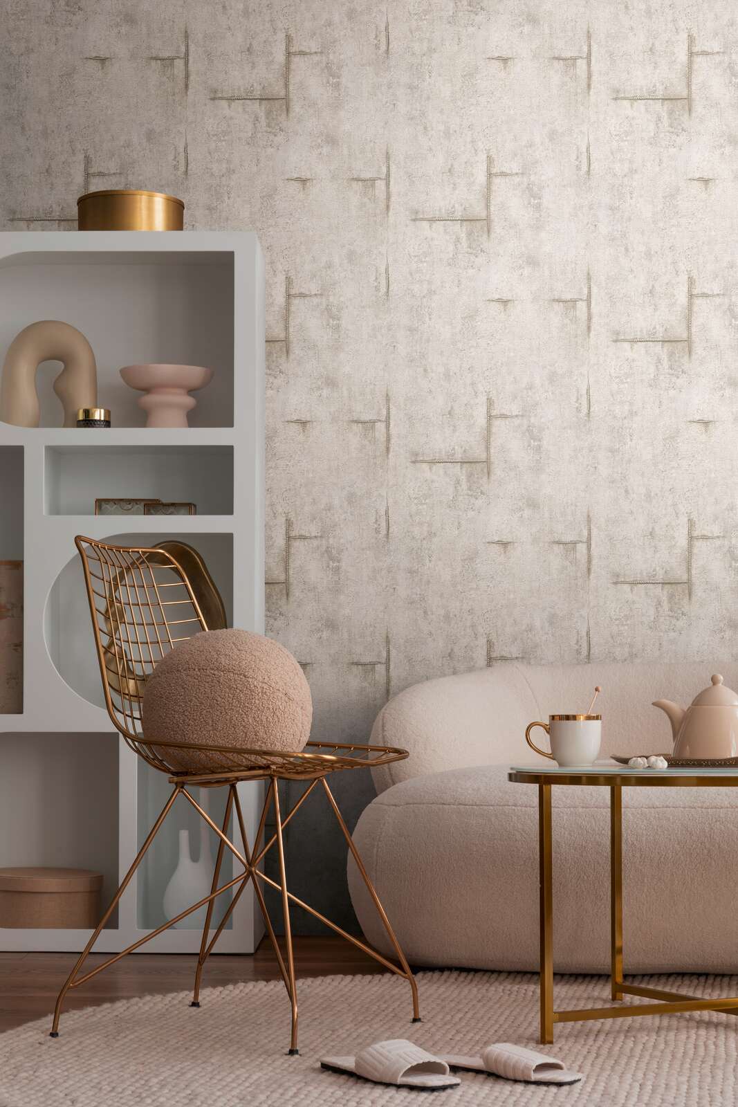 Bēšas tapetes ar raupju betona tekstūru un armatūru, 3010505