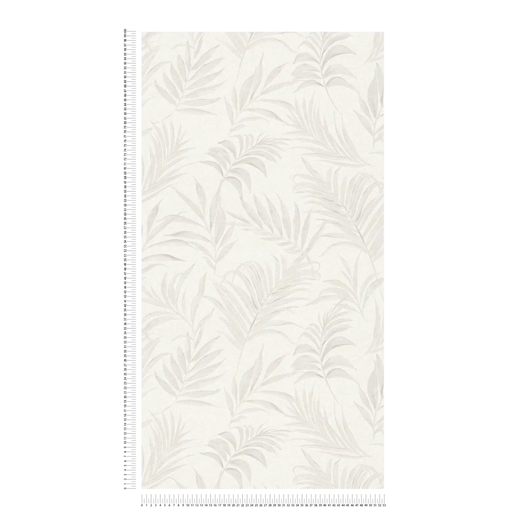 Baltas tapetes ar smalkām krēmkrāsas palmu lapām, 3011051