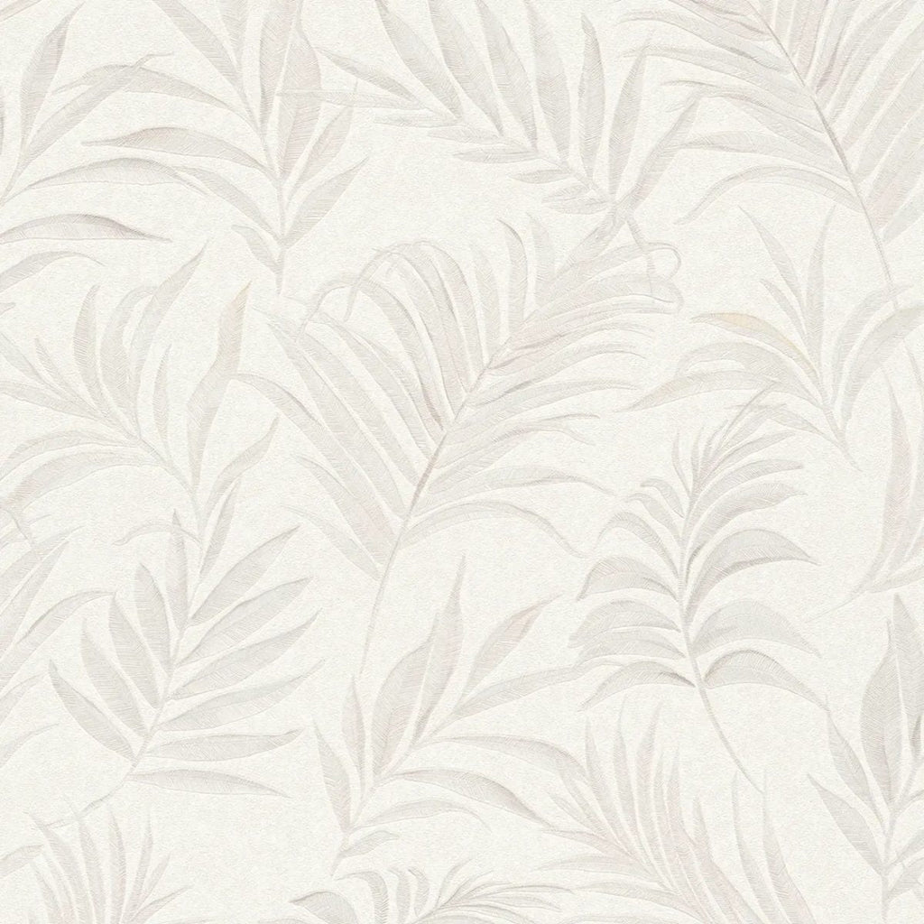 Baltas tapetes ar smalkām krēmkrāsas palmu lapām, 3011051