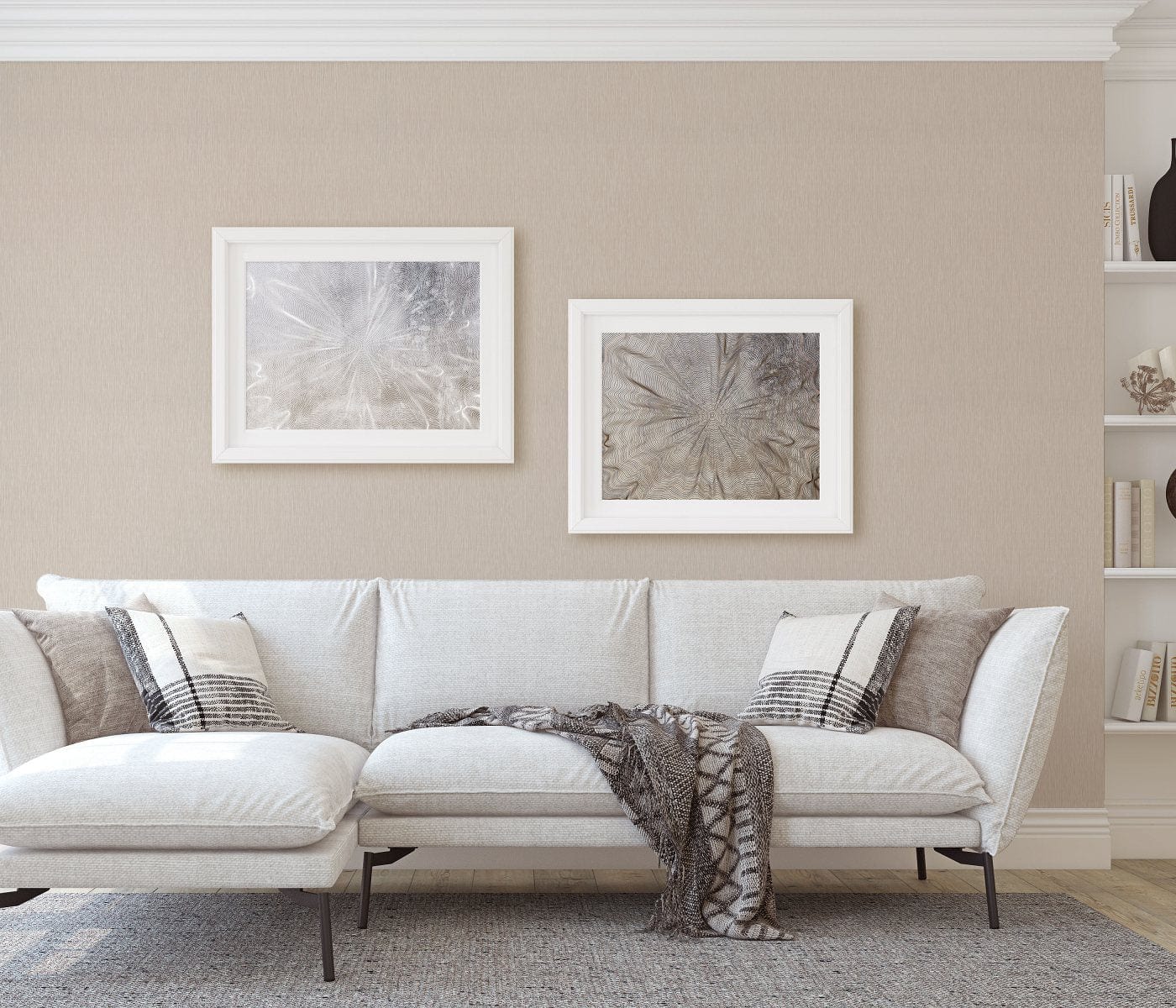 Vienkrāsainas bēšas tapetes ar mirdzošu virsmu, 3752442, skats interjerā 3