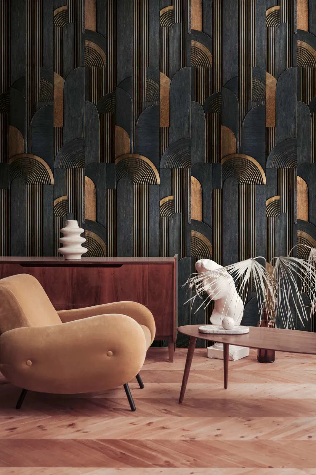 Melni brūnas Art Deco tapetes ar matētu virsmu | 3013142