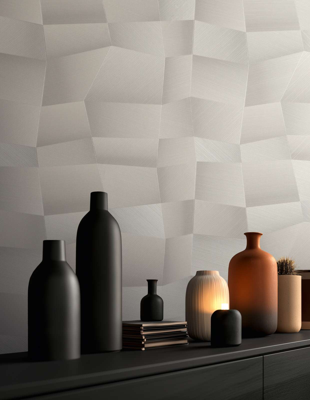 Pelēkas dizaina tapetes ar spīdīgu 3D faktūru | 3012644