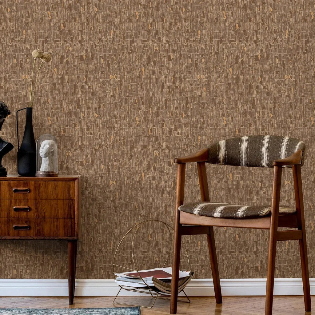 Brūnas un zelta tapetes ar abstraktu dizainu – elegants sienu akcents interjerā  