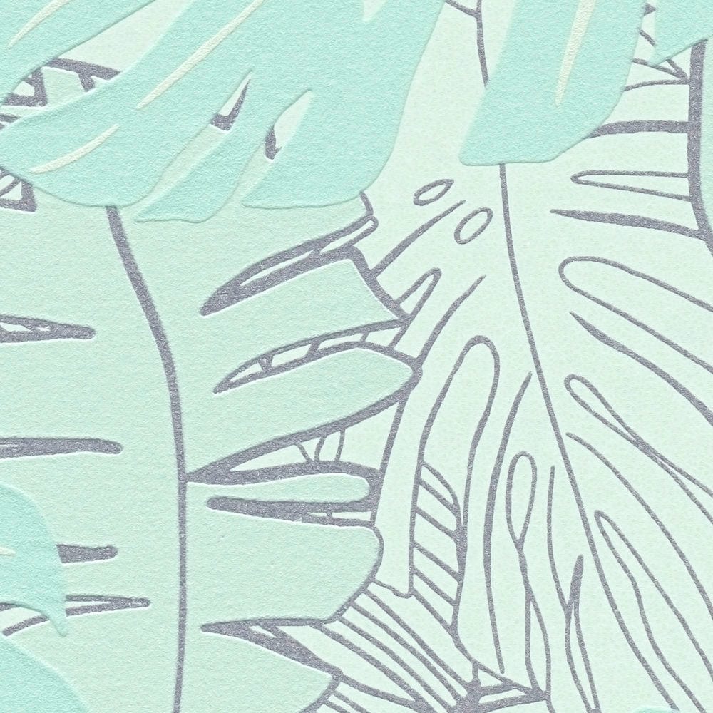 Džungļu banānlapu tapetes ar metālisku spīdumu piparmētru zaļā krāsā - guļamistabas interjerā