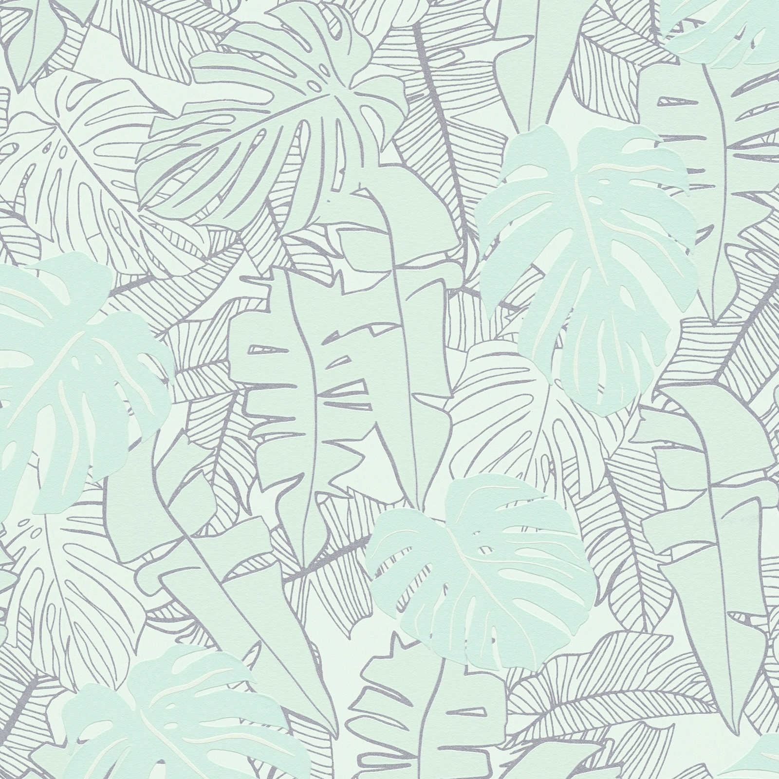 Džungļu banānlapu tapetes ar metālisku spīdumu piparmētru zaļā krāsā - kombinācija ar mebelēm