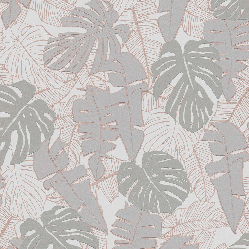 Tropu tapetes ar banānu lapām un metālisku efektu siltā pelēkā tonī - kombinācija ar mebelēm