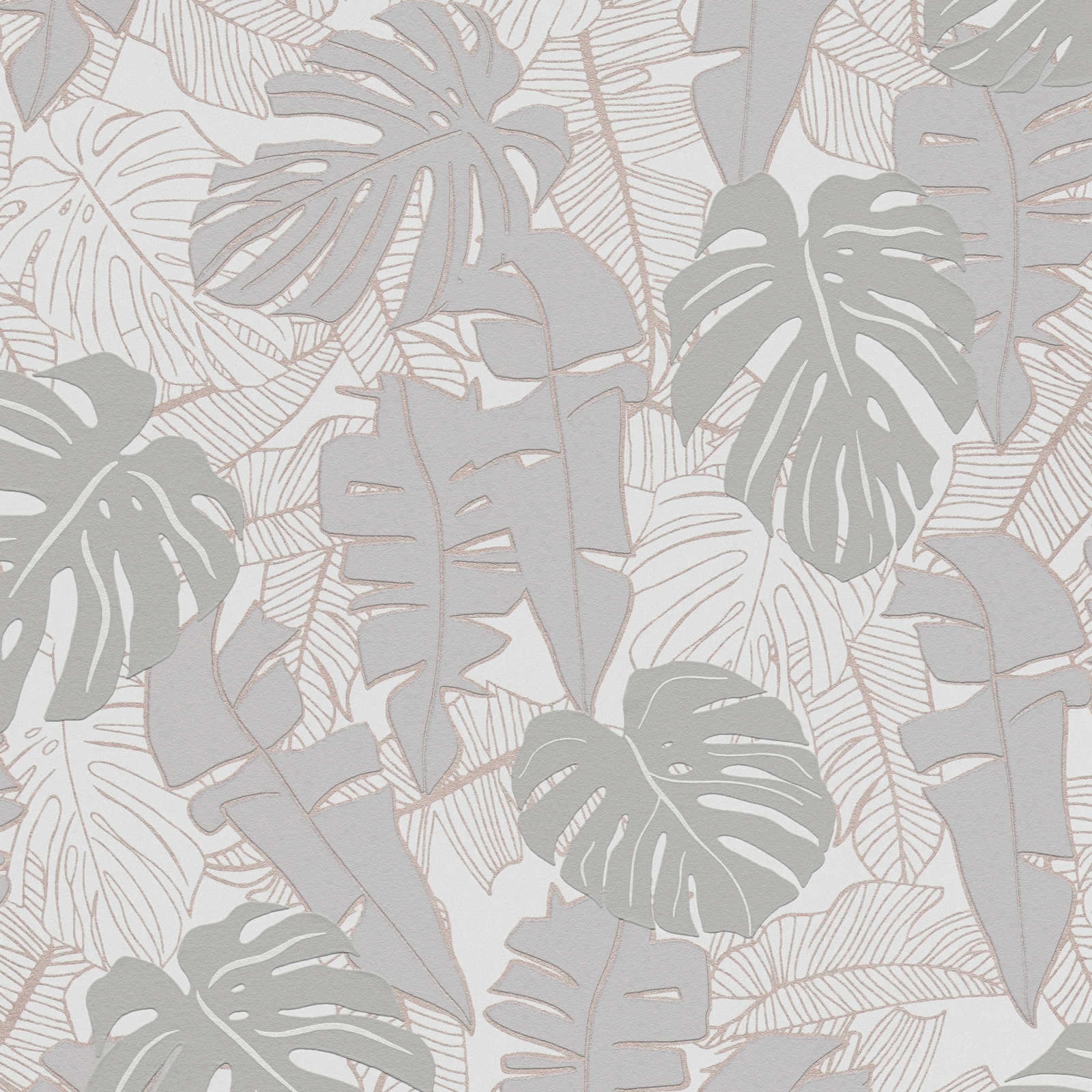 Tropu tapetes ar banānu lapām un metālisku efektu siltā pelēkā tonī - kombinācija ar mebelēm