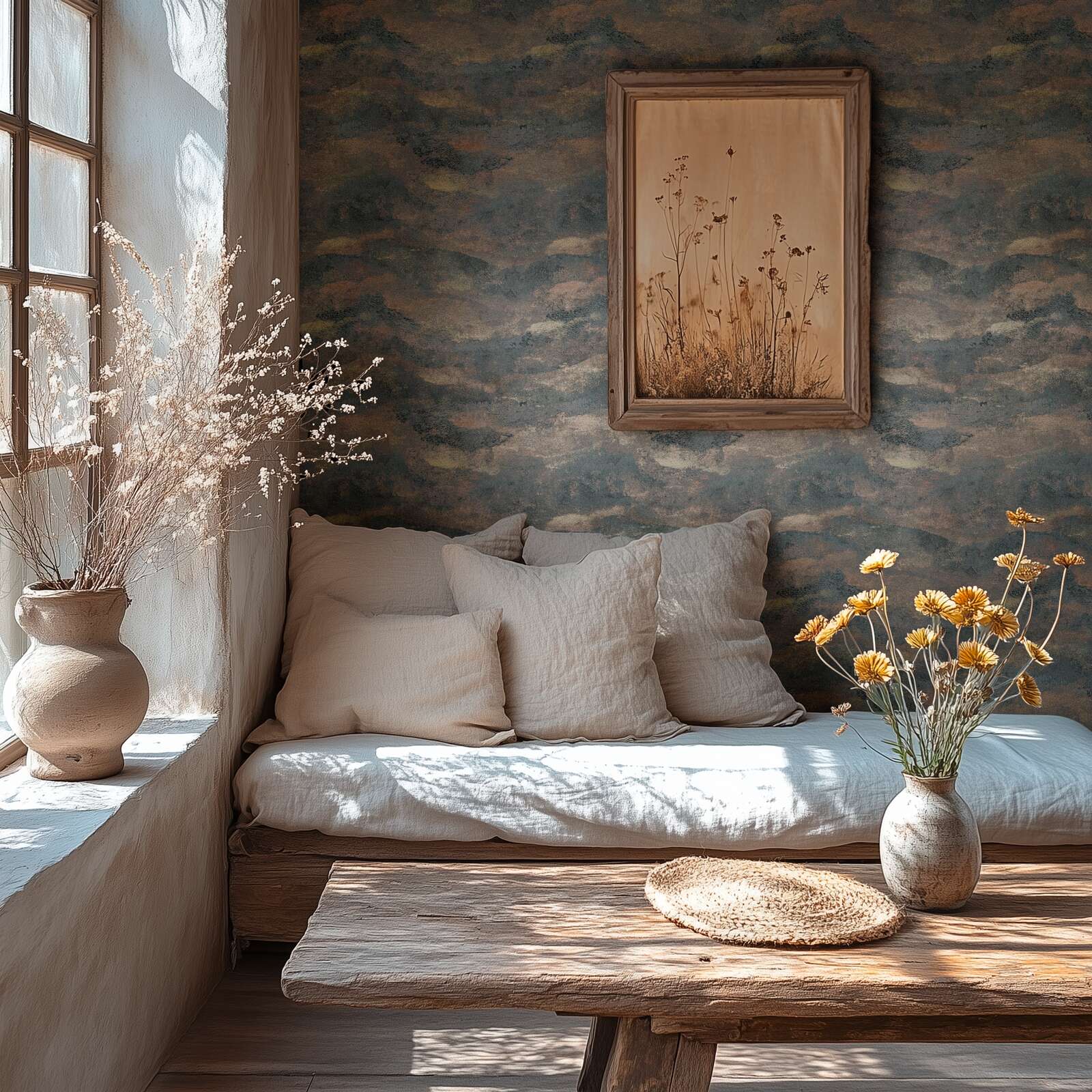 Flizelīna tapetes ar melniem viļņiem uz zelta akcentu - vizualizācija interjerā