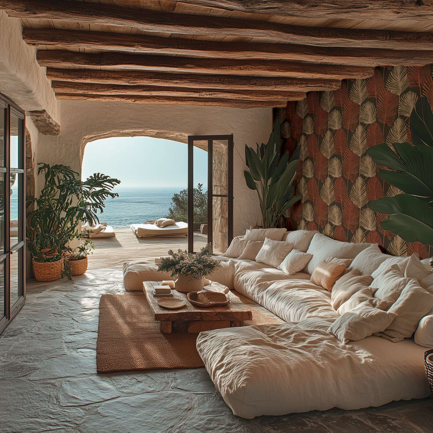 Eksotiska dizaina tapetes ar palmu lapām un faktūru brūnā tonī - vizualizācija interjerā