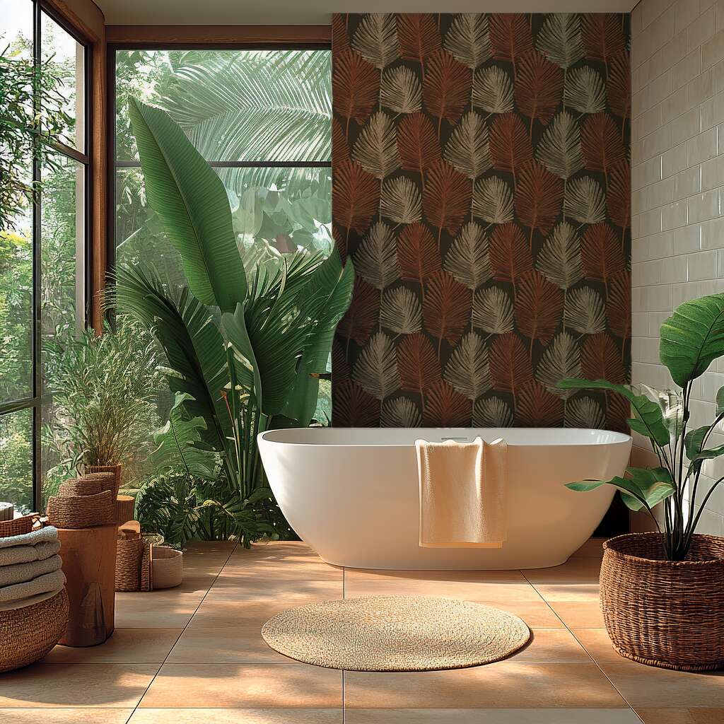 Eksotiska dizaina tapetes ar palmu lapām un faktūru brūnā tonī - kombinācija ar mebelēm