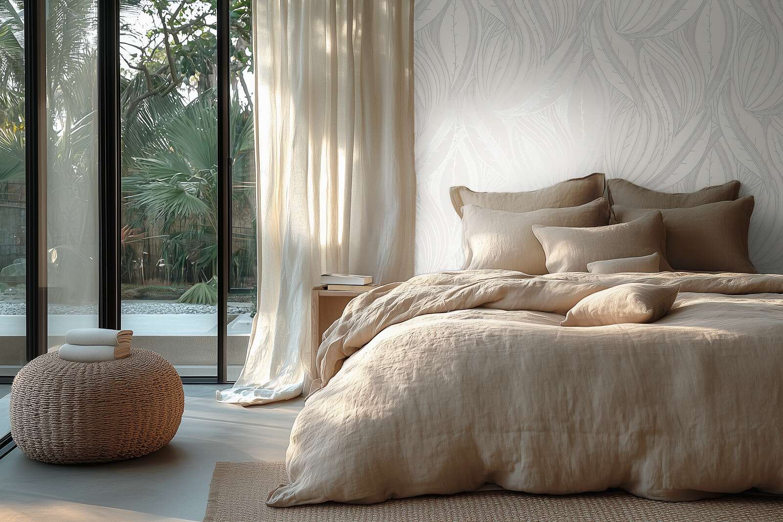 Modernas lapu dizaina tapetes ar metālisku spīdumu pelēkā - istabas interjerā