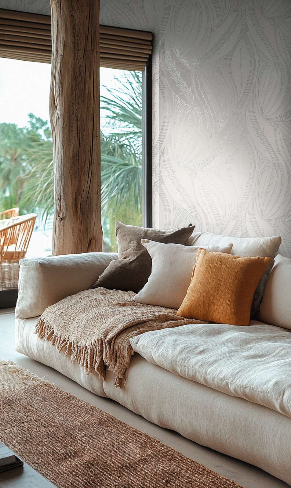 Modernas lapu dizaina tapetes ar metālisku spīdumu pelēkā - idejas interjerām