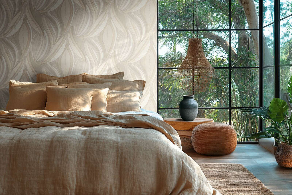 Elegantas tapetes ar izliektu lapu ornamentu krēmkrāsas toņos - idejas interjerām