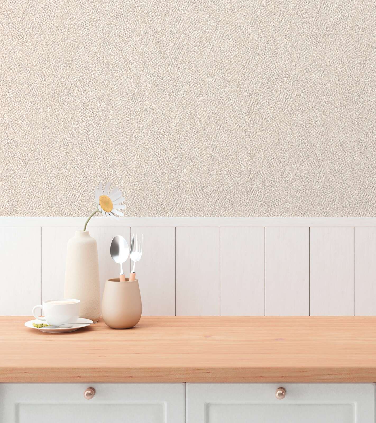 Elegantas tapetes ar zigzaga rakstu un tekstila efektu stilīgā guļamistabas interjerā. SKU: 3010612, AS Creation.