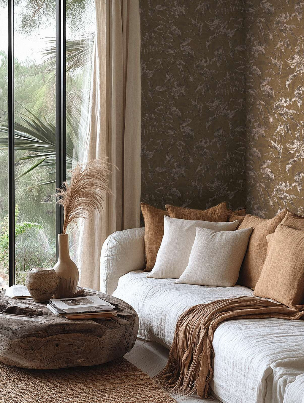 Vintage stila tapetes ar lapu rakstu un brūnu toņu gammu - vizualizācija interjerā