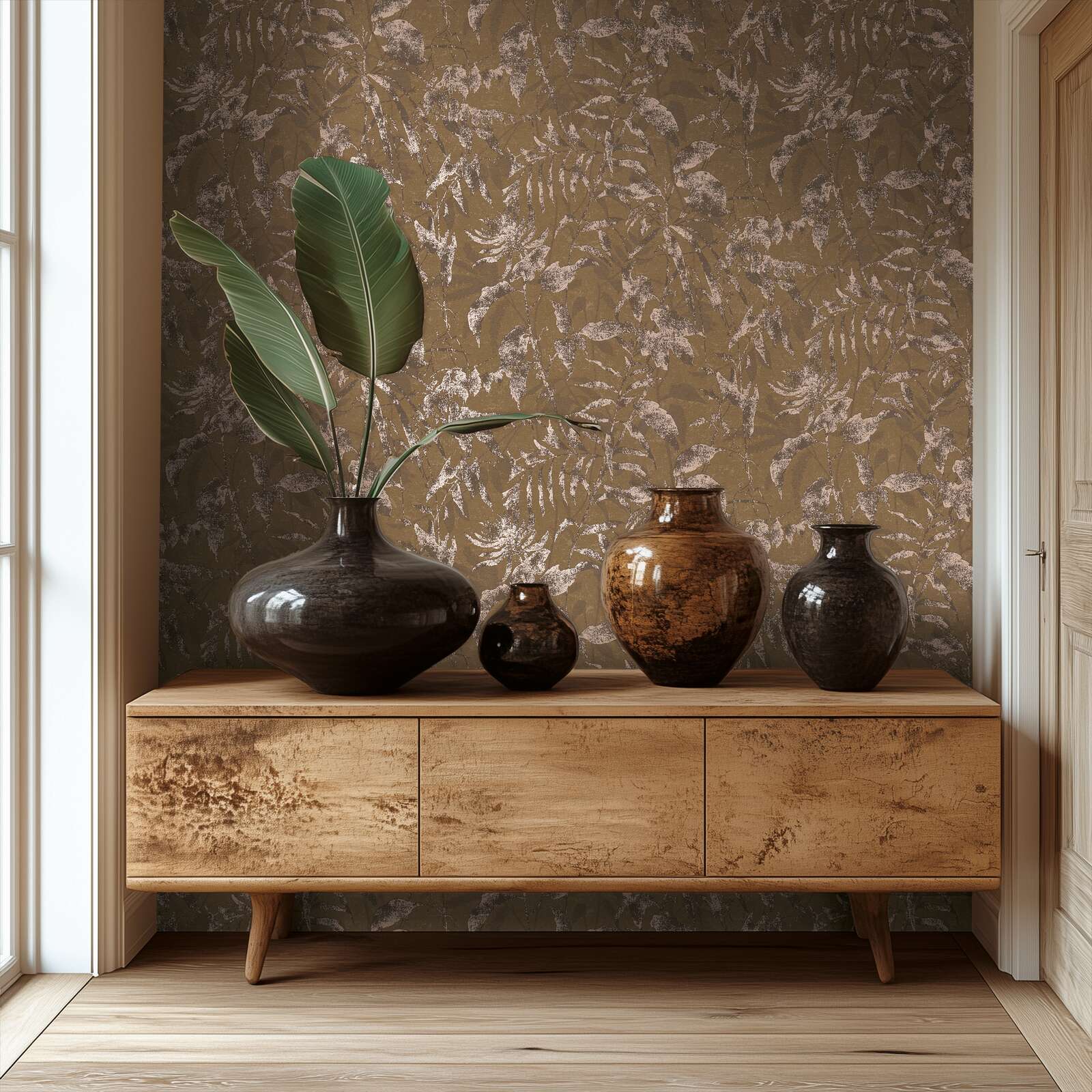 Vintage stila tapetes ar lapu rakstu un brūnu toņu gammu - kombinācija ar mebelēm