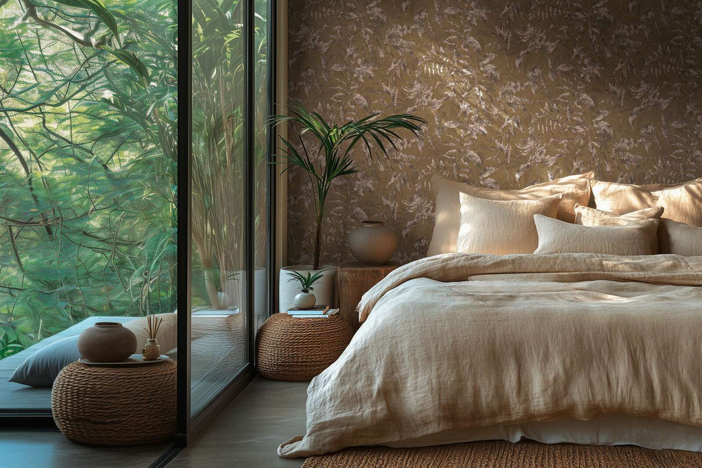 Vintage stila tapetes ar lapu rakstu un brūnu toņu gammu - idejas interjerām