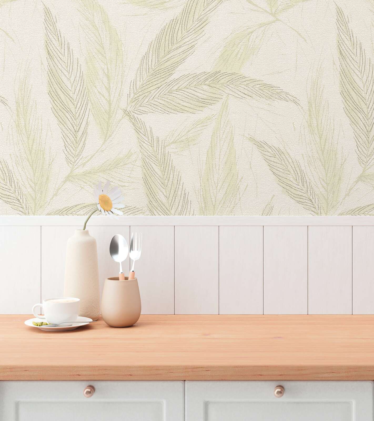 Krēmkrāsas tapetes ar spalvu rakstu un sudraba akcentiem | 3010661