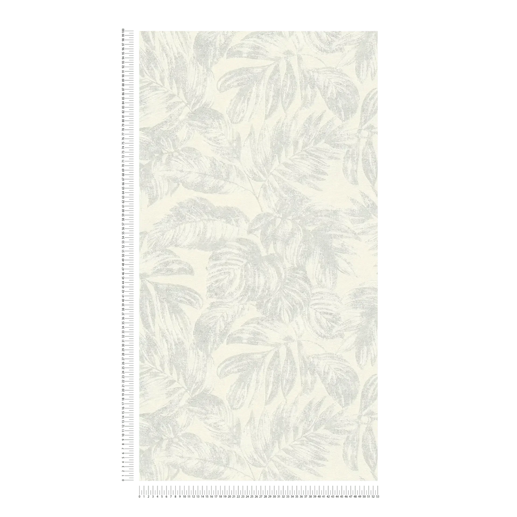 Baltas tapetes ar sudraba lapu dizainu gaišam un mirdzošam interjeram