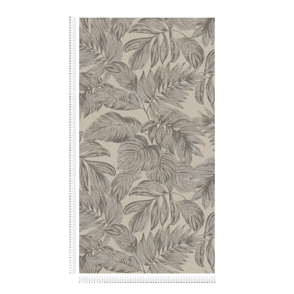 Taupe toņa tapetes ar lapu rakstu un stilīgu vizuālo faktūru sienām