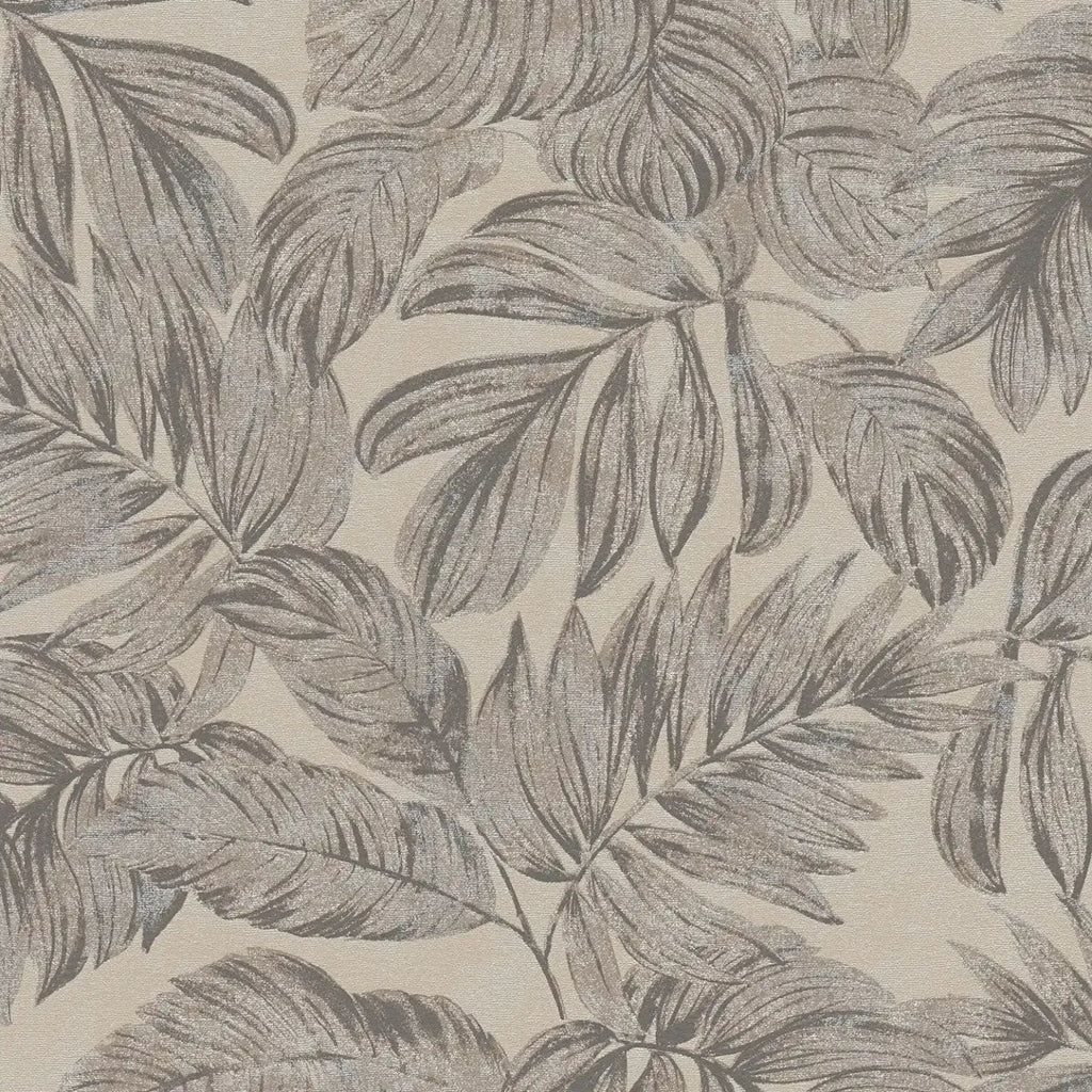 Taupe toņa tapetes ar lapu rakstu un stilīgu vizuālo faktūru sienām