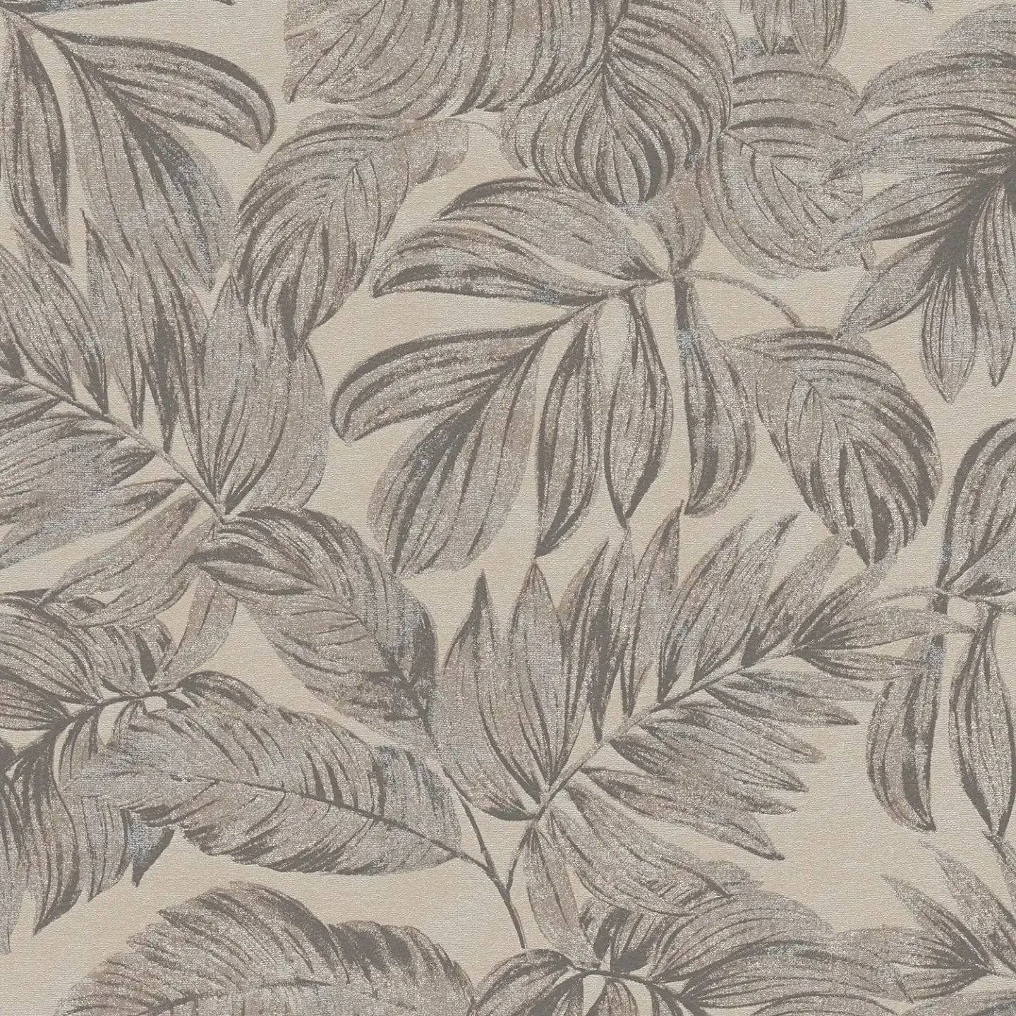 Taupe toņa tapetes ar lapu rakstu un stilīgu vizuālo faktūru sienām