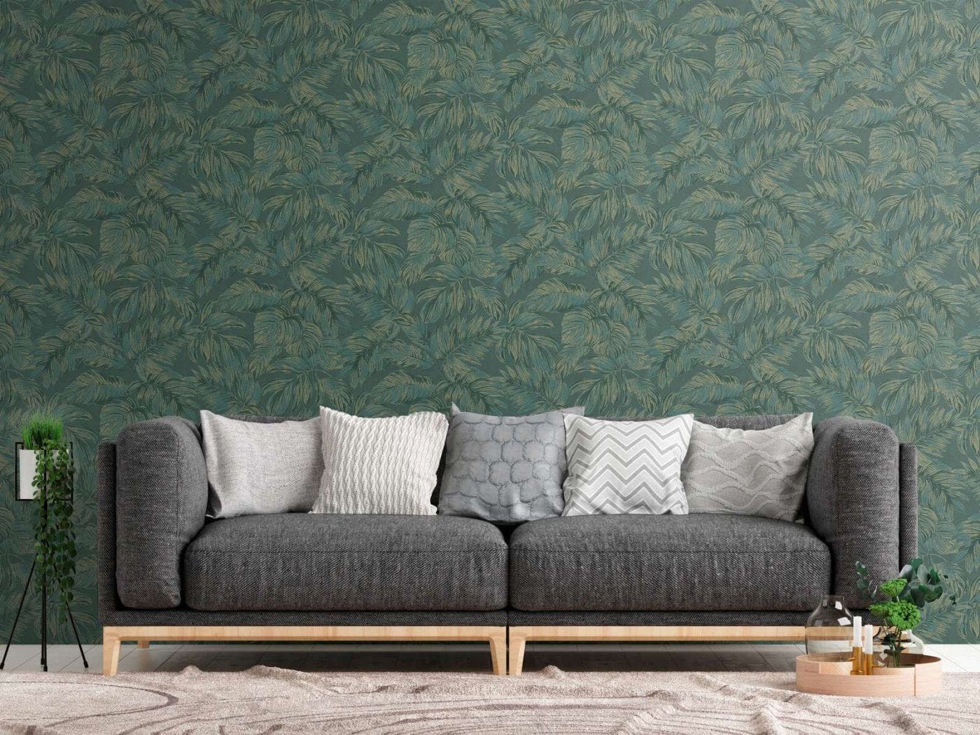 Tapetes ar lapu motīvu un zelta akcentiem dabīgi elegantai sienu apdarei