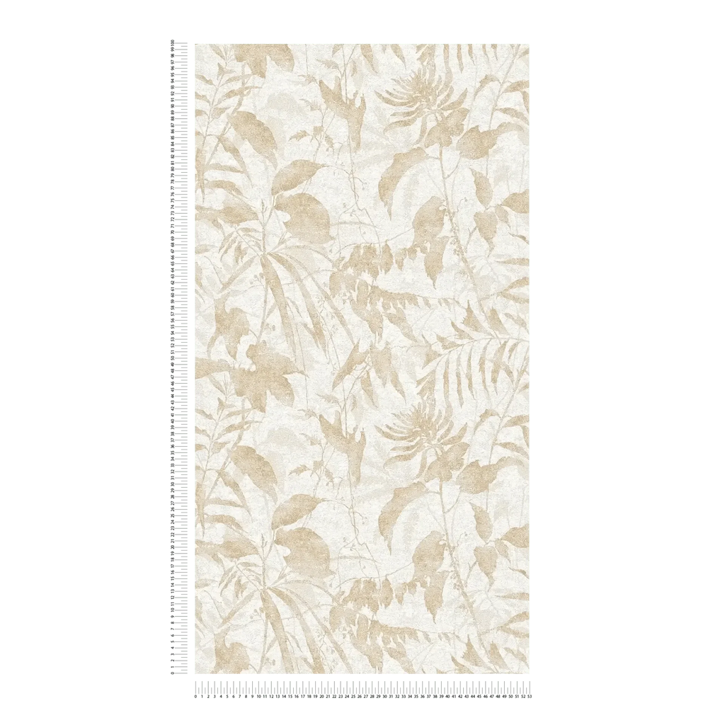 Maigas tapetes ar dabīgu lapu rakstu krēmkrāsas un bēšos toņos - vizualizācija interjerā