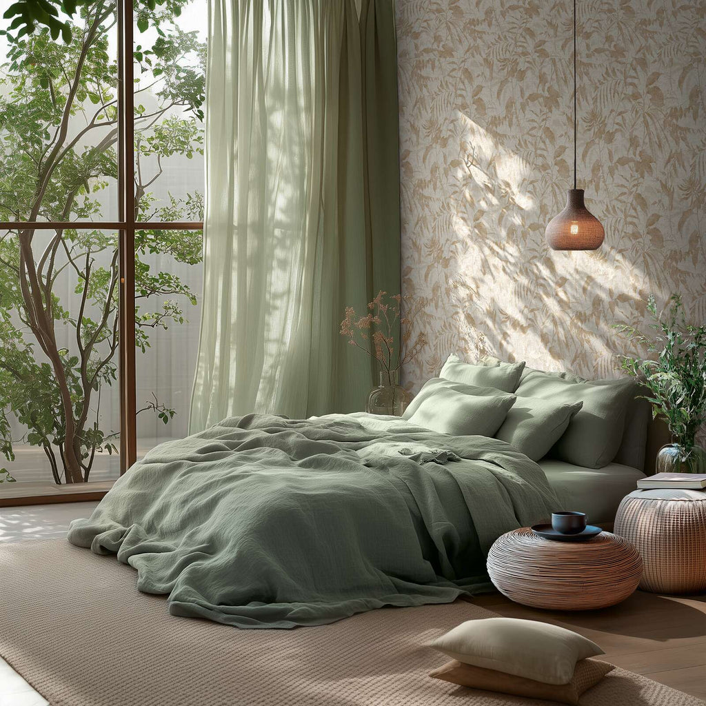 Maigas tapetes ar dabīgu lapu rakstu krēmkrāsas un bēšos toņos - guļamistabas interjerā