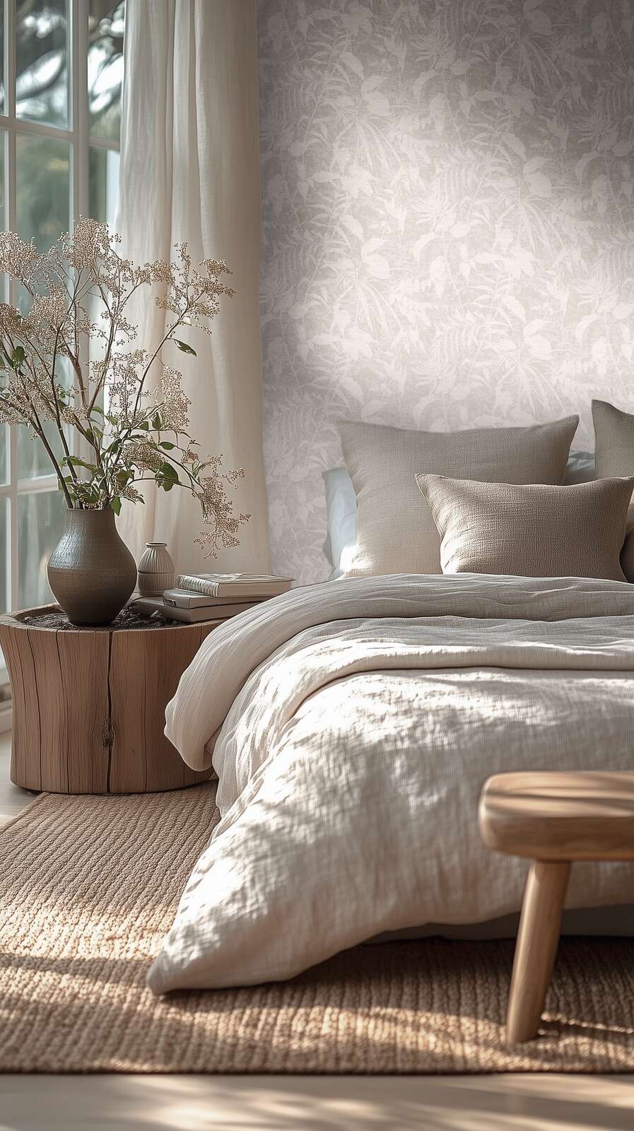 Pelēkas tapetes ar vieglu lapu motīvu un dabīgu tekstūru - vizualizācija interjerā