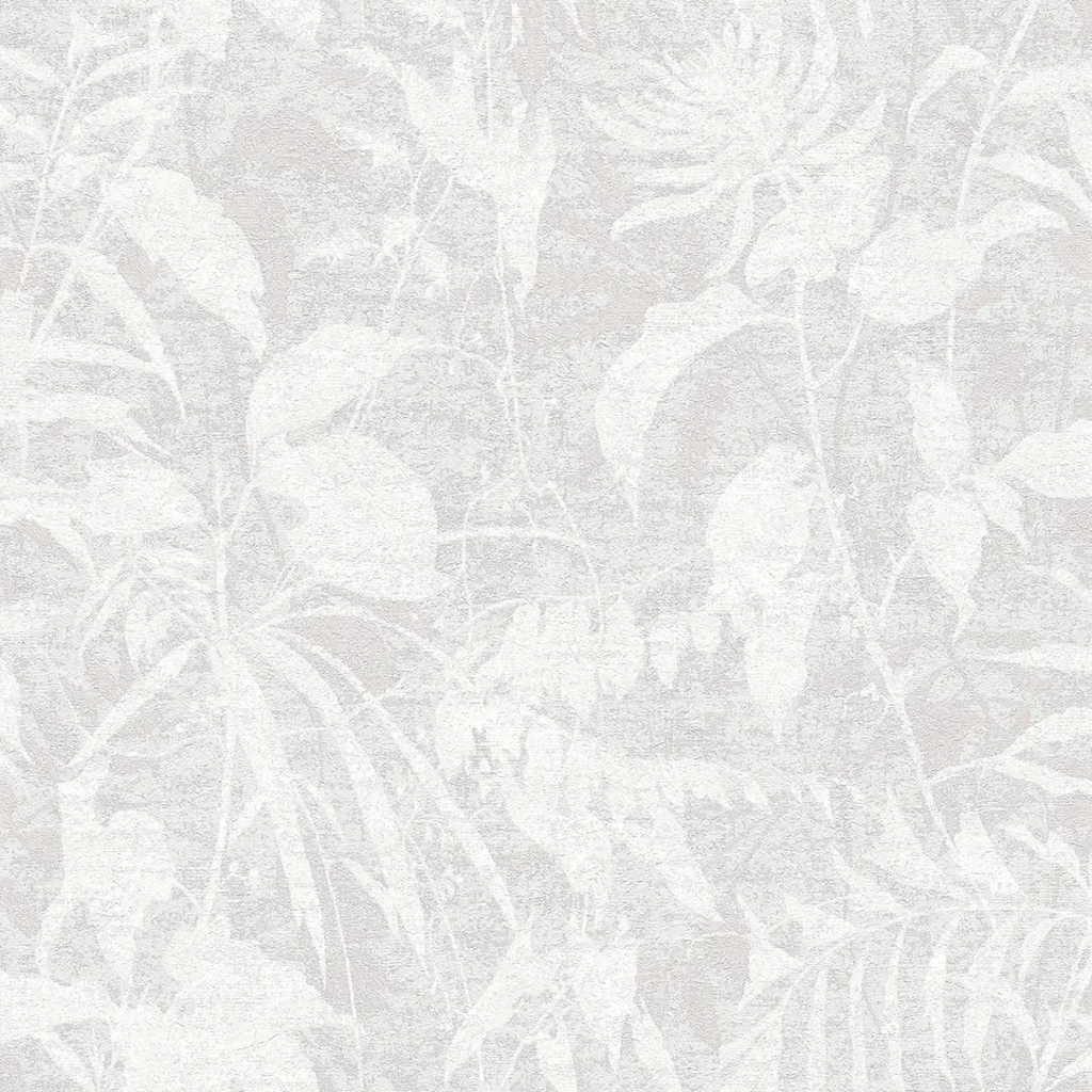 Pelēkas tapetes ar vieglu lapu motīvu un dabīgu tekstūru - istabas interjerā