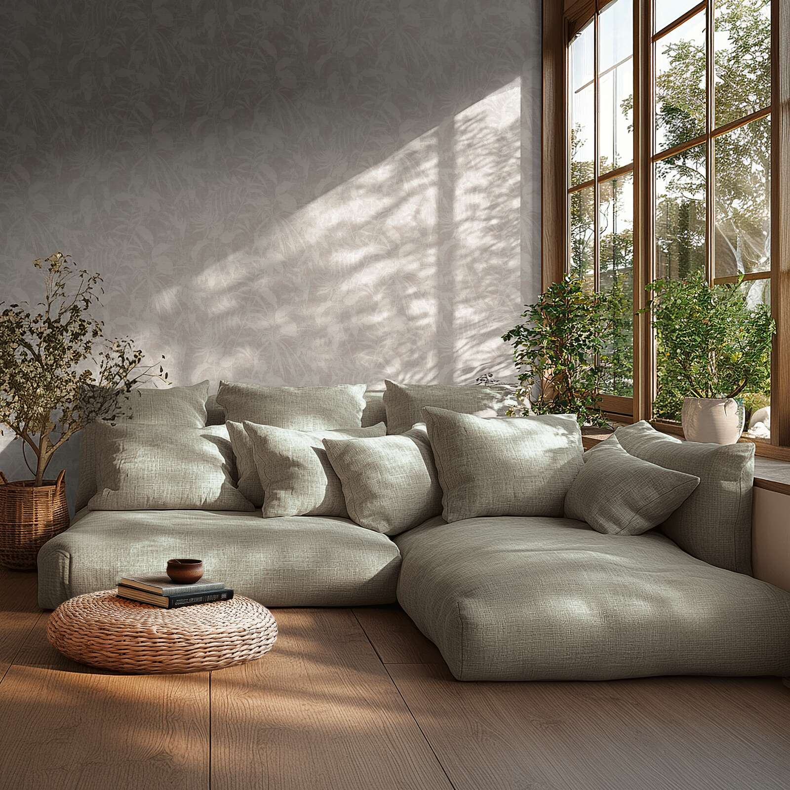 Pelēkas tapetes ar vieglu lapu motīvu un dabīgu tekstūru - kombinācija ar mebelēm
