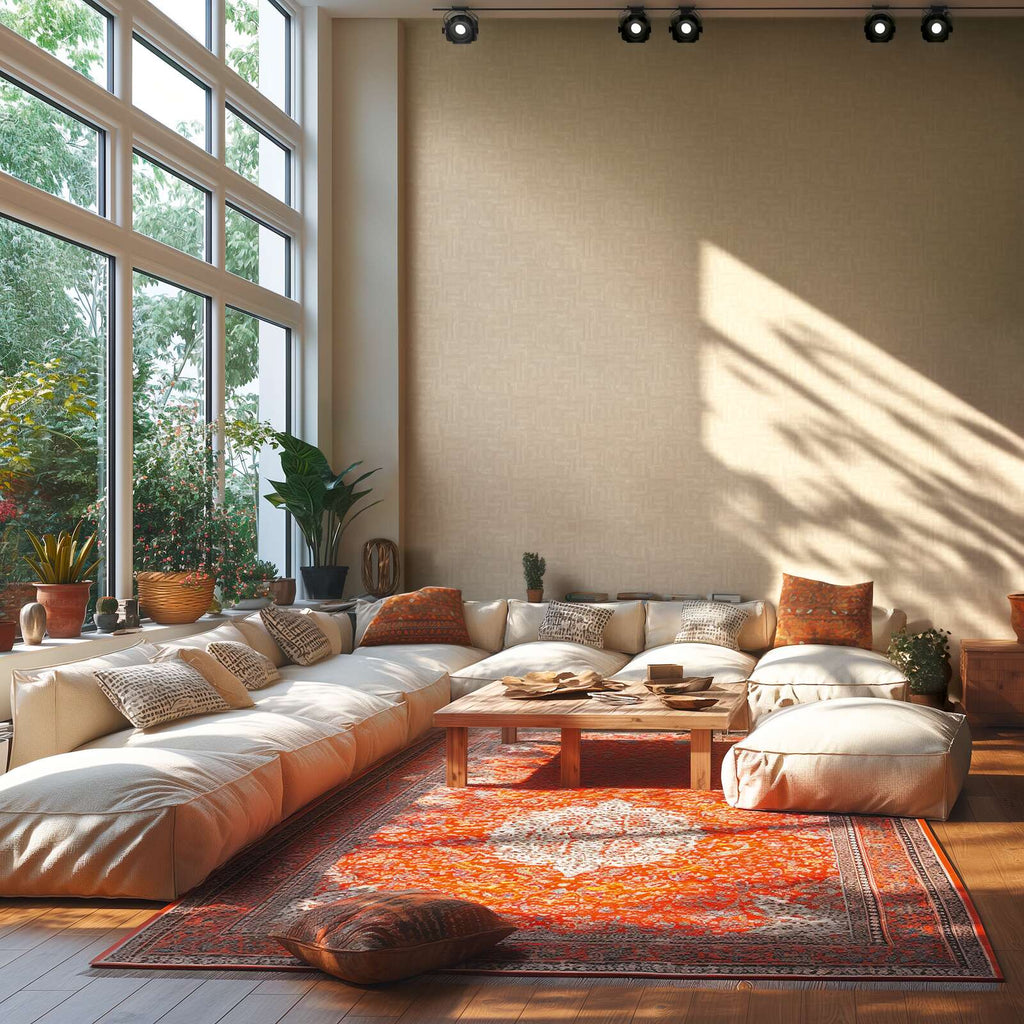 Bēšas modernas tapetes ar koka faktūras ģeometrisku rakstu - kombinācija ar mebelēm