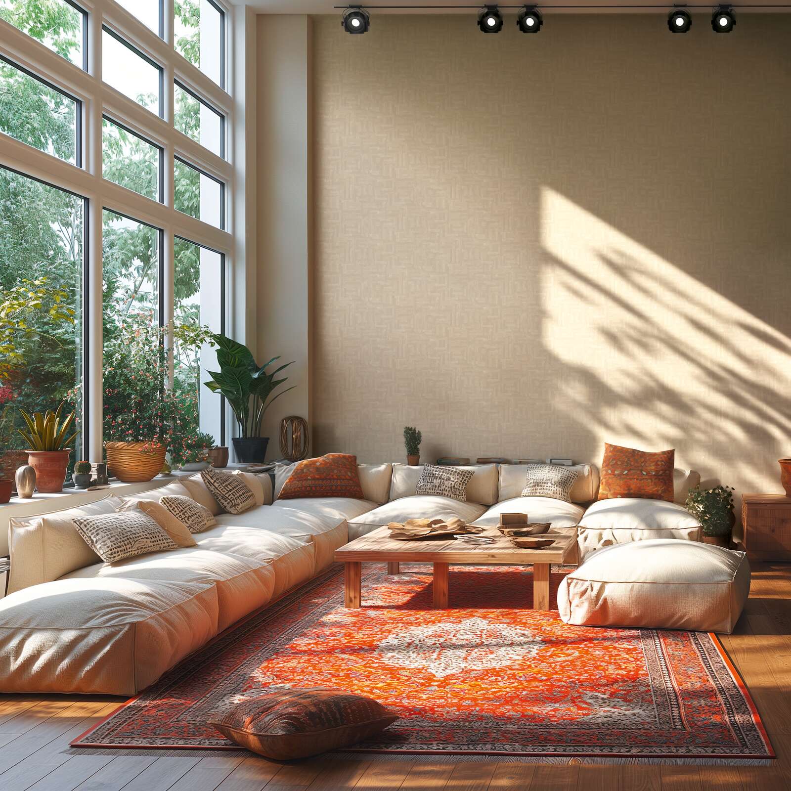 Bēšas modernas tapetes ar koka faktūras ģeometrisku rakstu - kombinācija ar mebelēm