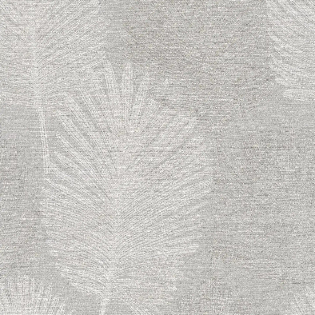 Gaiši pelēkas tapetes ar maigu lapu dizainu un smalku faktūru - vizualizācija interjerā