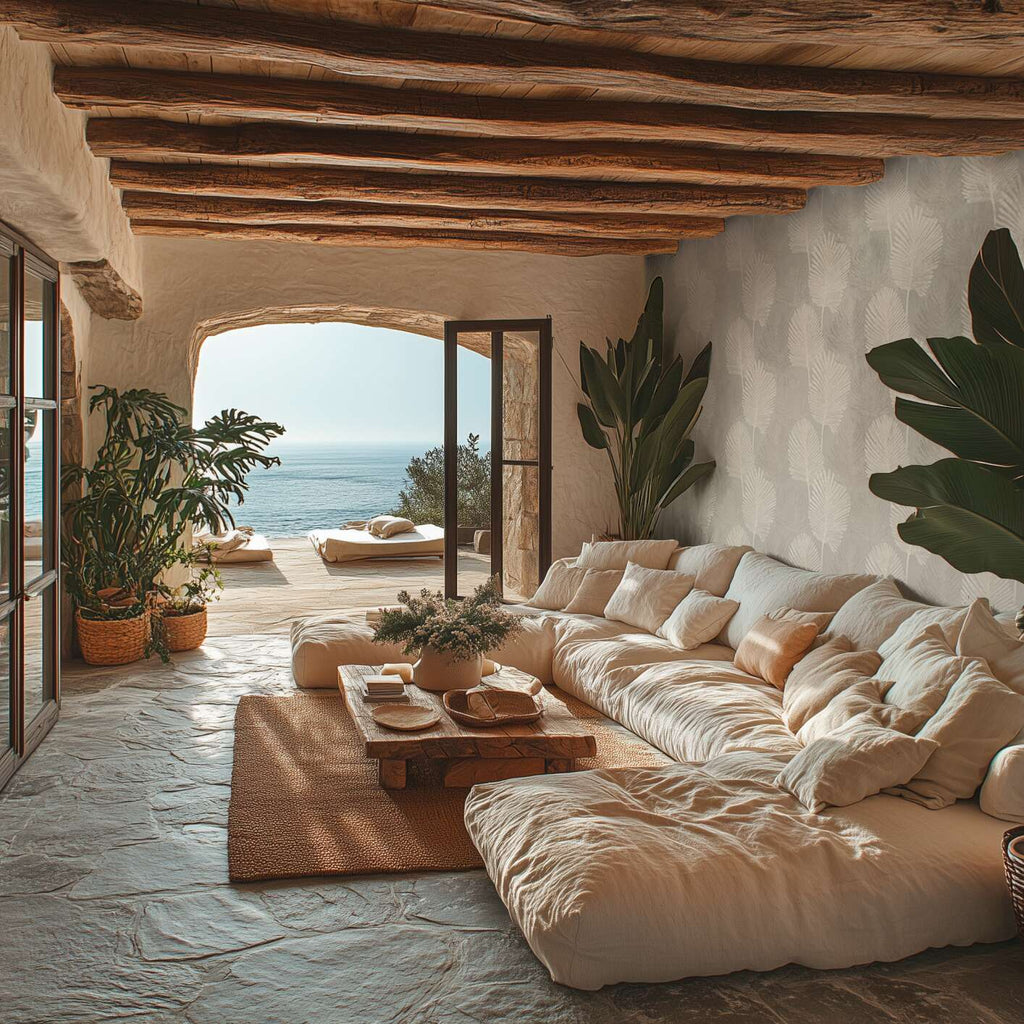 Gaiši pelēkas tapetes ar maigu lapu dizainu un smalku faktūru - istabas interjerā