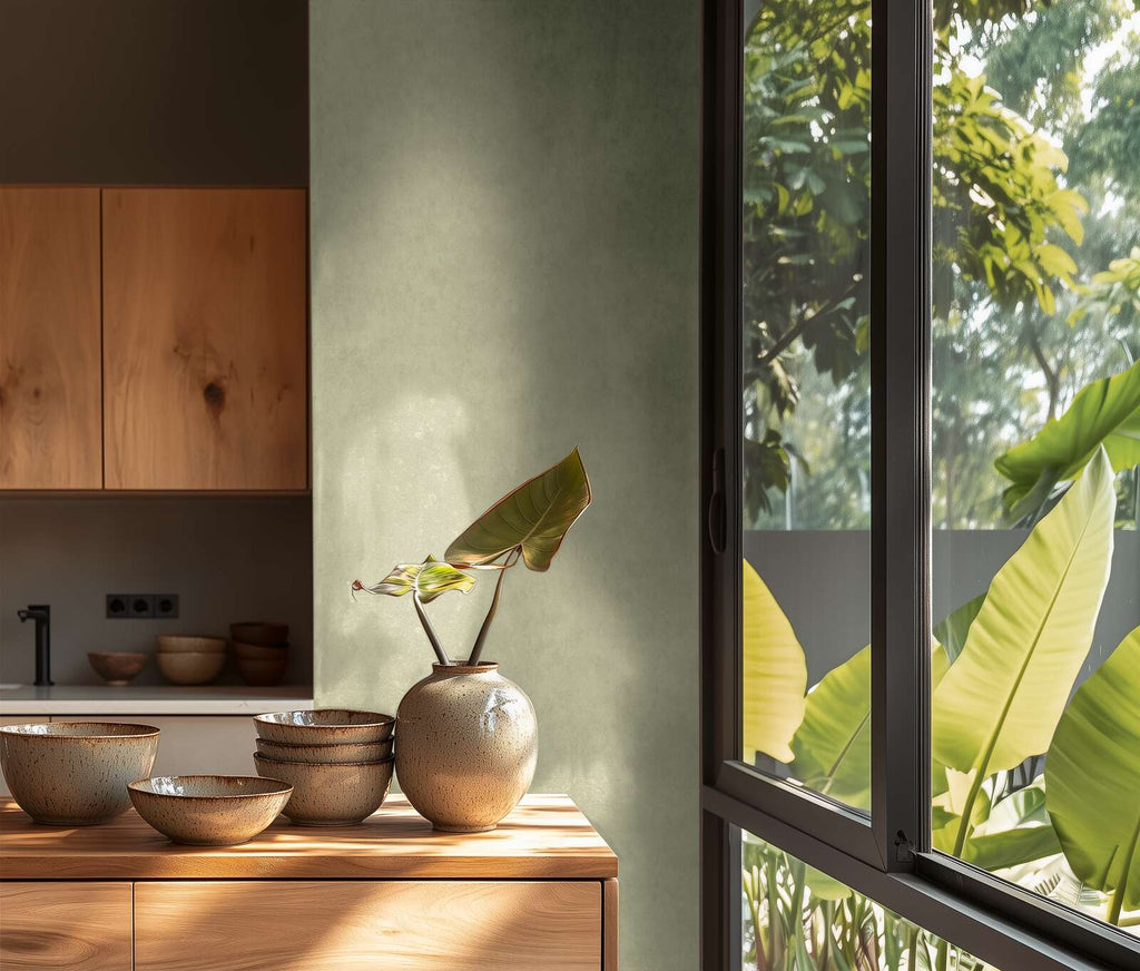 Zaļas tapetes ar viegli spīdīgu faktūru un dabisku noskaņu - istabas interjerā