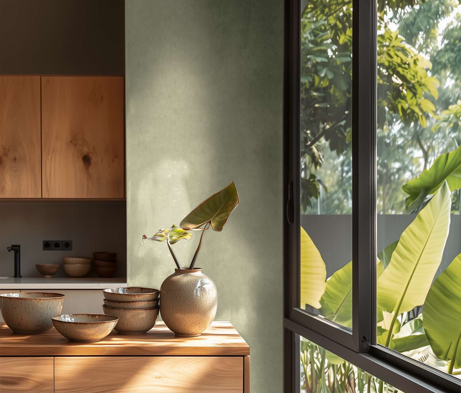 Zaļas tapetes ar viegli spīdīgu faktūru un dabisku noskaņu - istabas interjerā