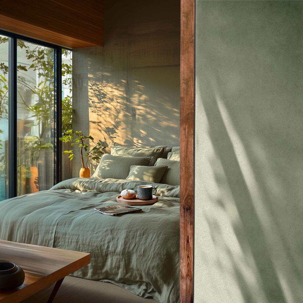 Zaļas tapetes ar viegli spīdīgu faktūru un dabisku noskaņu - idejas interjerām