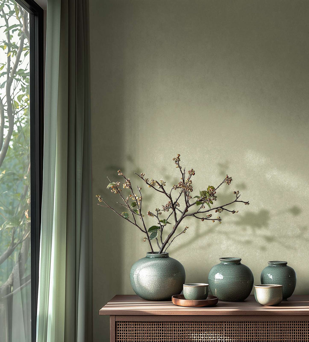 Zaļas tapetes ar viegli spīdīgu faktūru un dabisku noskaņu - guļamistabas interjerā