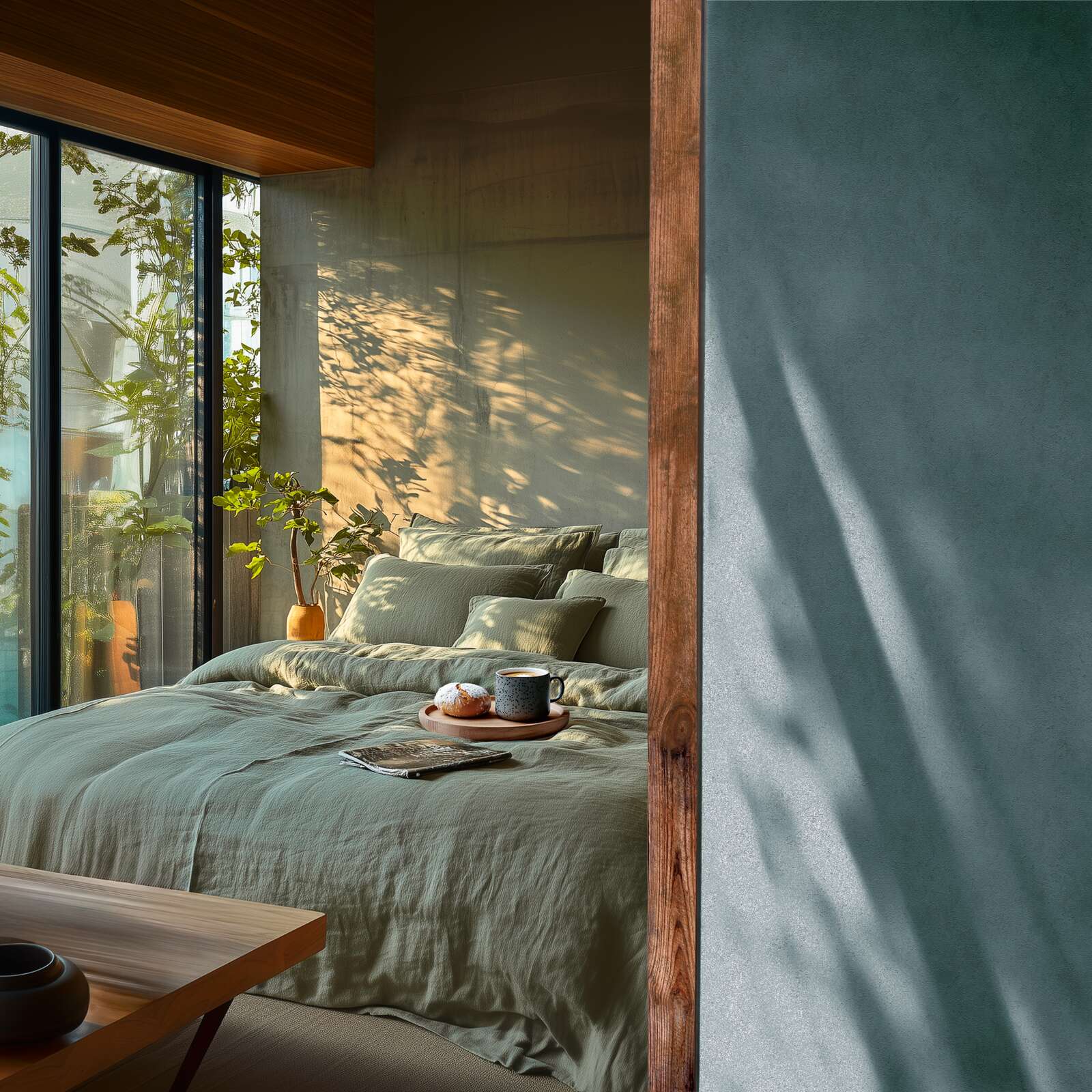 Zilas tapetes ar smalku tekstūru un mirdzošu virsmu - istabas interjerā