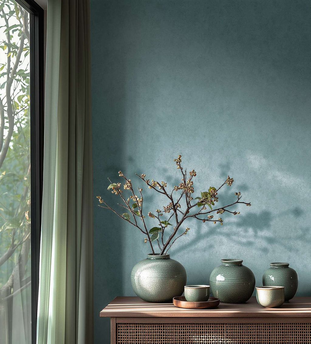 Zilas tapetes ar smalku tekstūru un mirdzošu virsmu - guļamistabas interjerā