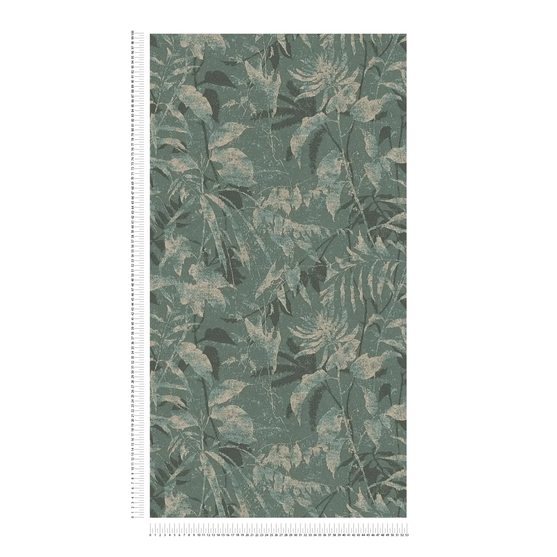 Zaļas un zelta tapetes ar košu lapu dizainu un teksturētu virsmu - istabas interjerā