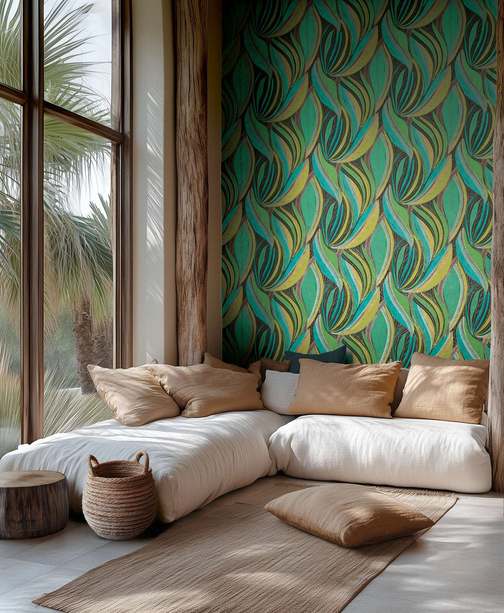 Tropu lapu tapetes spilgtos toņos ar mirdzošu efektu - viesistabas interjerā