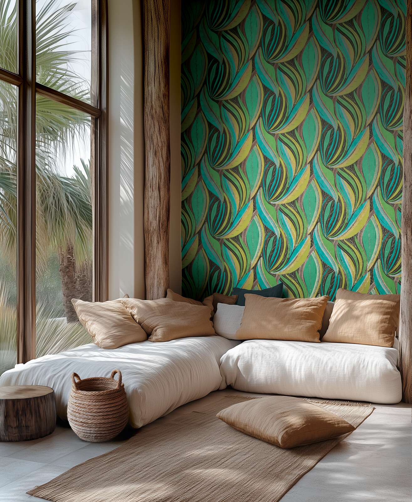 Tropu lapu tapetes spilgtos toņos ar mirdzošu efektu - viesistabas interjerā