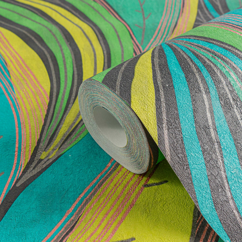 Tropu lapu tapetes spilgtos toņos ar mirdzošu efektu - guļamistabas interjerā