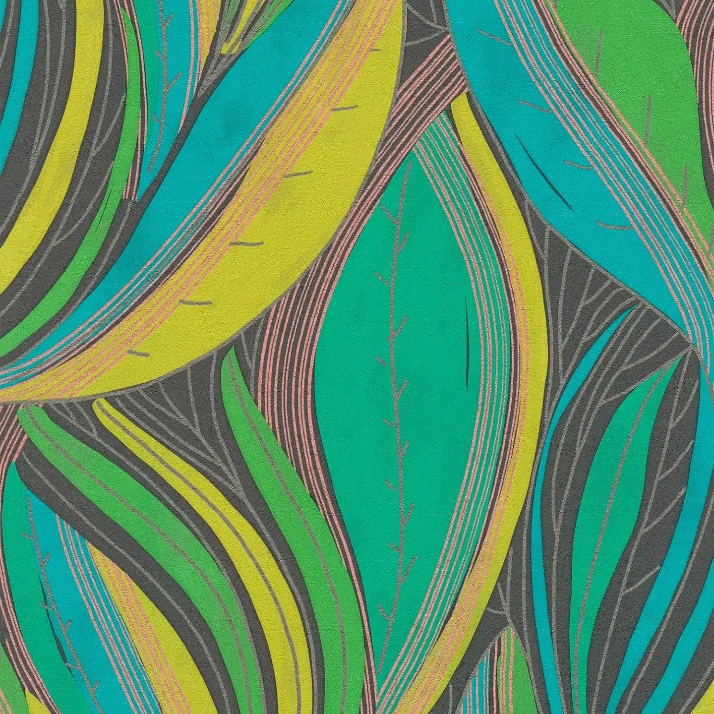 Tropu lapu tapetes spilgtos toņos ar mirdzošu efektu - kombinācija ar mebelēm