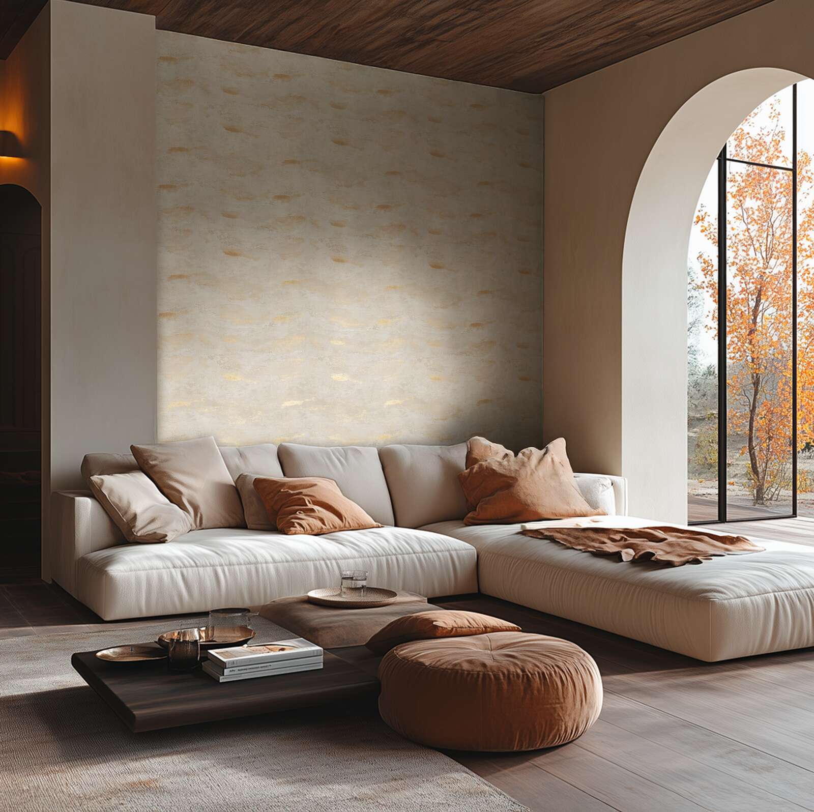 Krēmkrāsas tapetes ar mirdzošu viļņu faktūru mājīgam interjeram - kombinācija ar mebelēm