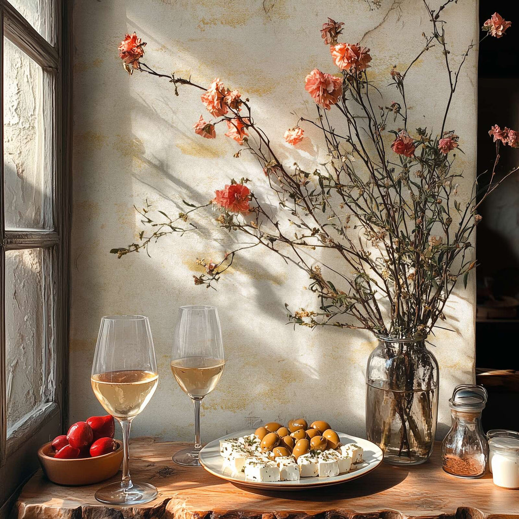 Krēmkrāsas tapetes ar mirdzošu viļņu faktūru mājīgam interjeram - istabas interjerā